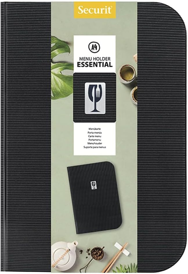 SECURIT - Essential Line Menu Holder - 6 Double-Sided Fixed Inserts = 12 A4 Pages - Rigid PVC Cover with Screen Printed Plate - for Cafe, Bar, Restaurant - Black