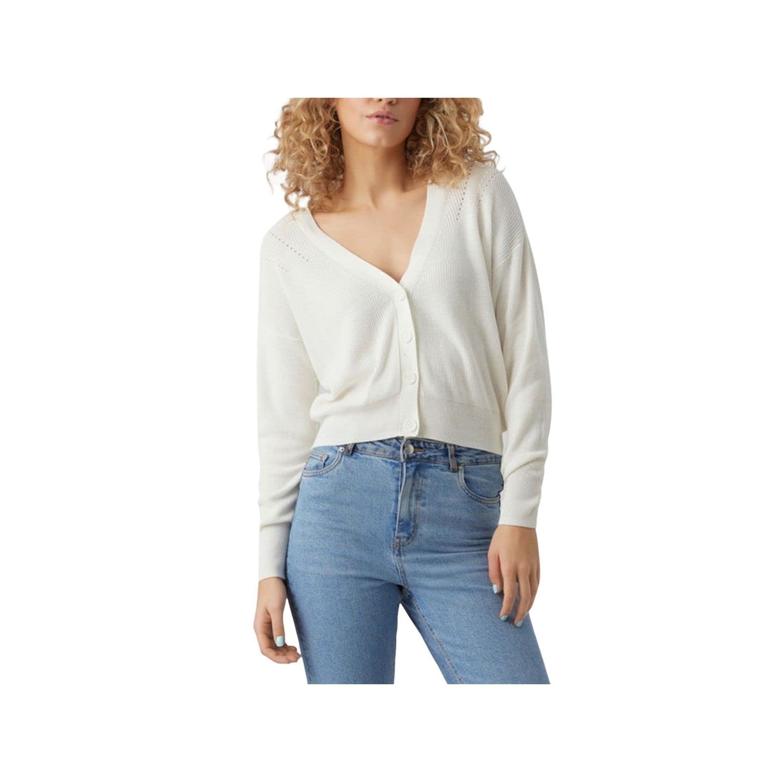VERO MODA Women's Vmnewlexsun LS Short V-Neck Car Ga Noos Knitted Jumper, Snow White, M
