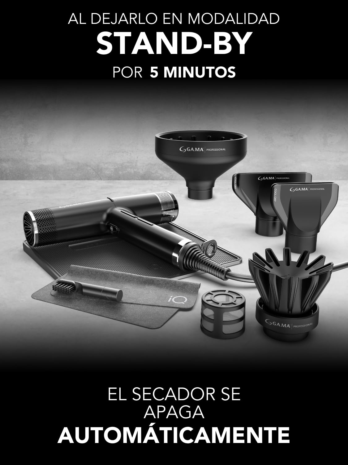 GA.MA Italy Professional, iQ3 Perfect, Secador ultraligero con Motor sin escobillas de 110.000 rpm, tecnología Stand-by y función turbo, 1600 W de potencia, color negro