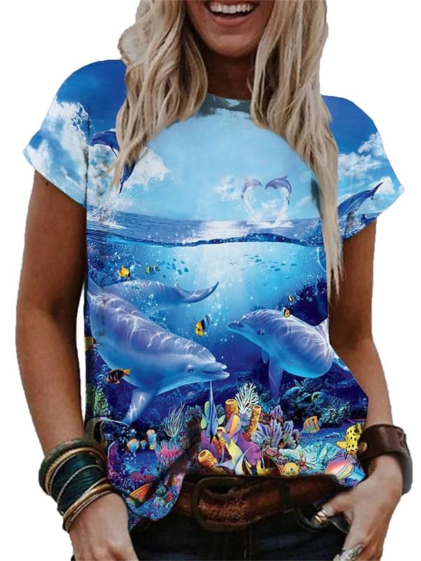 Femmes Dauphin 3D Imprimé T-Shirt À Manches Courtes Mignon Animal Marin Graphique Imprimé Col Rond Tee Shirts