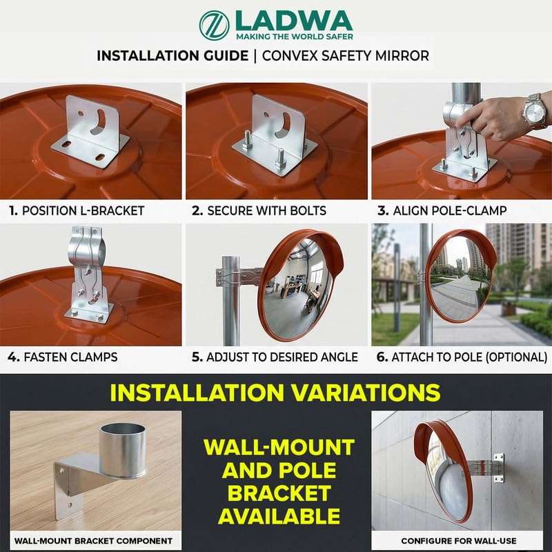 Image of LADWA 40-Inch Convex Mirror | Road Safety & Traffic Security Mirror | Unbreakable Polycarbonate Lens with Flat Back | Adjustable Mounting Bracket | Installation Kit with Nuts & Bolts Included