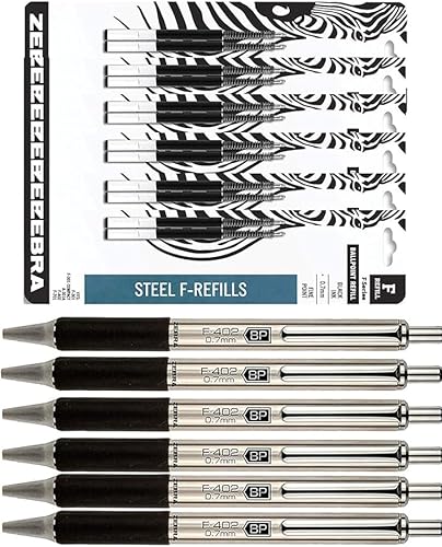 Vista 9 de Zebra F-402 - Bolígrafos retráctiles de acero inoxidable con recambios, punta fina, 0.028 in, tinta azul, paquete de 12 unidades con bolsa