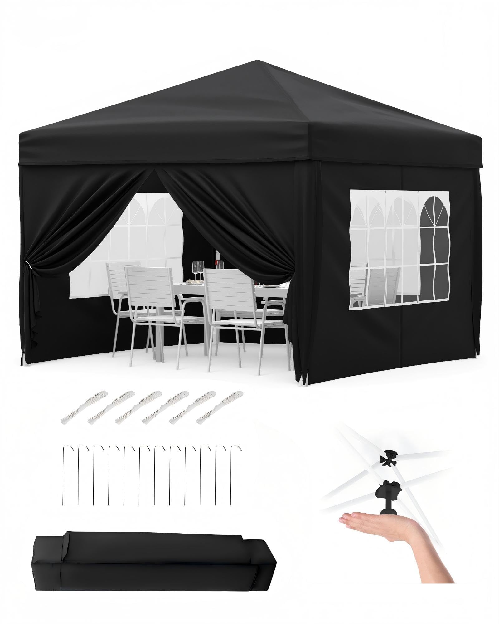 Pavillon Pliant 3x3 m Étanche avec 4 Parois, Hauteur Réglable, Noir