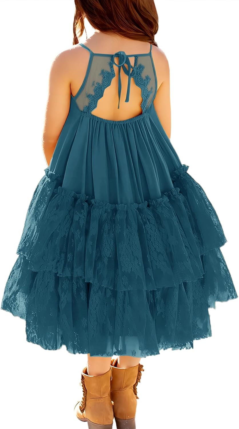 MITILLY Girls Boho Lace Backless Square Neck Sleeveless A Line Ruffle Tiered Flowy Long Party Dress