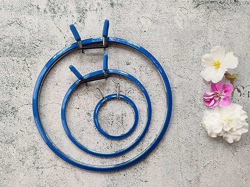 Image of Nurge Metal Embroidery Hoops - Premium Spring Tension Embroidery Hoop for Cross Stitch - Durable Ring with Quick Release Safety Clip - Ideal for Crafters,Beginners & Professionals - Blue - Medium