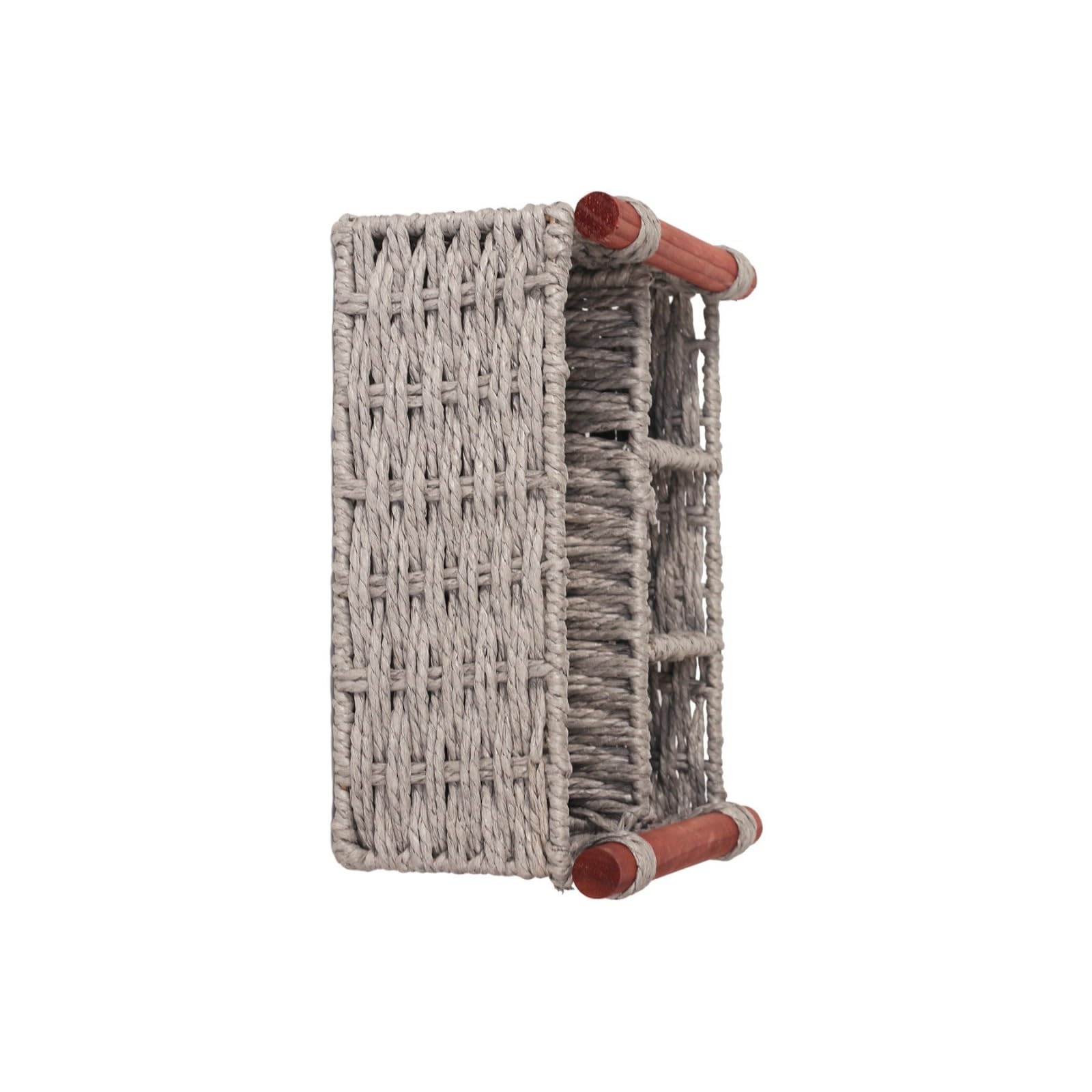Zeiwohndc Grey Large Handwoven Paper Storage Basket Desk Organizer With Wooden Handle For Home Organization And Decoration Interlaced Storage Basket Practical Large Capacity Bin Woven Paper Container