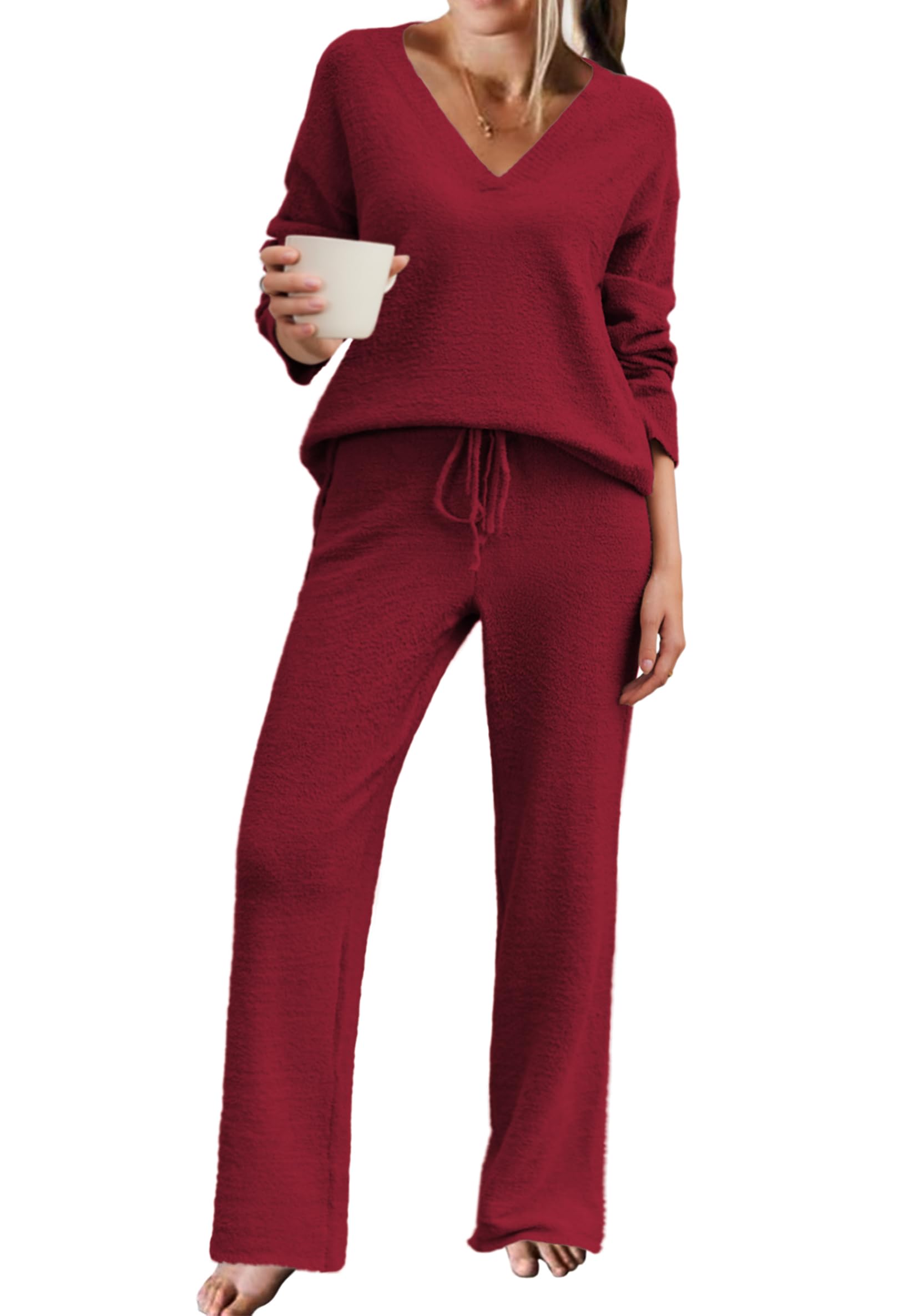Ekouaer Womens Pajama Sets Fuzzy Fleece Sleepwear Long Sleeve Pjs 2 Piece Lounge Set Fall Outfits Sweater Nightwear