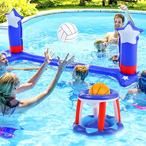 Thinkmax Large Pool Volleyball Set Pool Volleyball Net & Pool Basketball Hoops With 2 Beach Balls, Pool Games For Family And Adults, American Flag Pool Floating Court(116''X46'') & Hoop(31''X24'') #TOP24