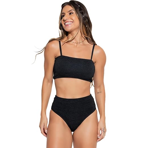 Biquíni Top Faixa Texturizado Hot Pants Cintura Alta Cropped Mvb Modas