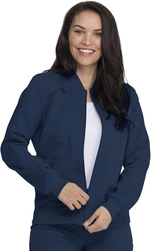 Women Scrub Jacket Zip Front Warm-Up Rib Knit Collar with 2 Welt Pocket DK365