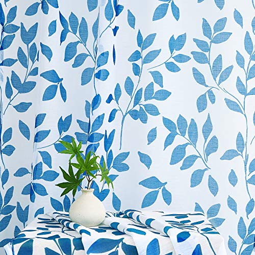 Image of Blue White Sheer Curtains for Living Room Print Leaves Botanical Semi-Sheer Drapes for Men's Boys' Bedroom Apartment Dorm 95inches Long Light Filtering Navy Leaf Window Treatment Sets 1 Pair