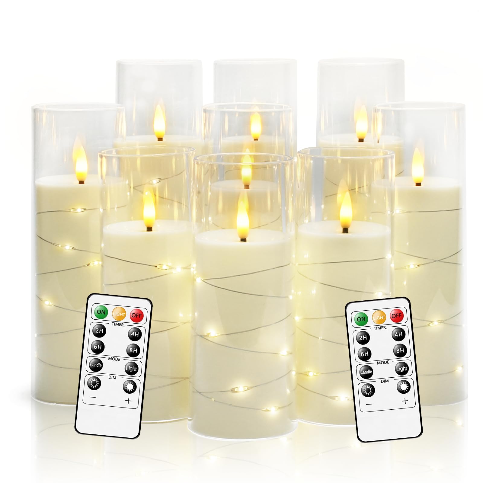 Nimiko Flickering Flameless LED Candles, 9 Pcs with Embedded Star String, Acrylic LED Pillar Candles with Remote, Suitable for Home Decoration (White)