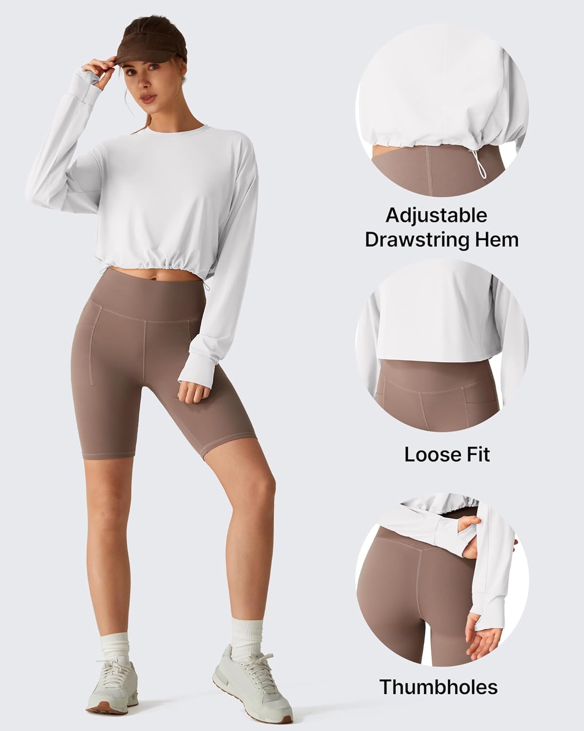 G4Free Lightbreeze Drawstring Hem Workout Tops Women - UPF 50+ UV Shirts Long Sleeve Crop with Thumbholes Loose Fit