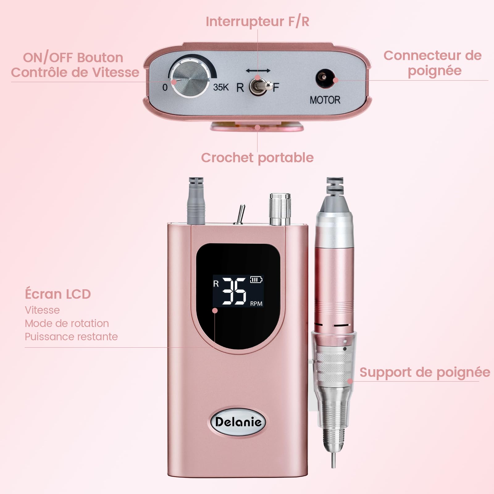 Delanie Ponceuse pour Ongles Professionnelle 35000 RPM Portable Rechargeable Avec Affichage LCD et 6 Embouts Ponçage pour Pédicure Manucure, Puissante, Silencieuse pour Salon/Maison