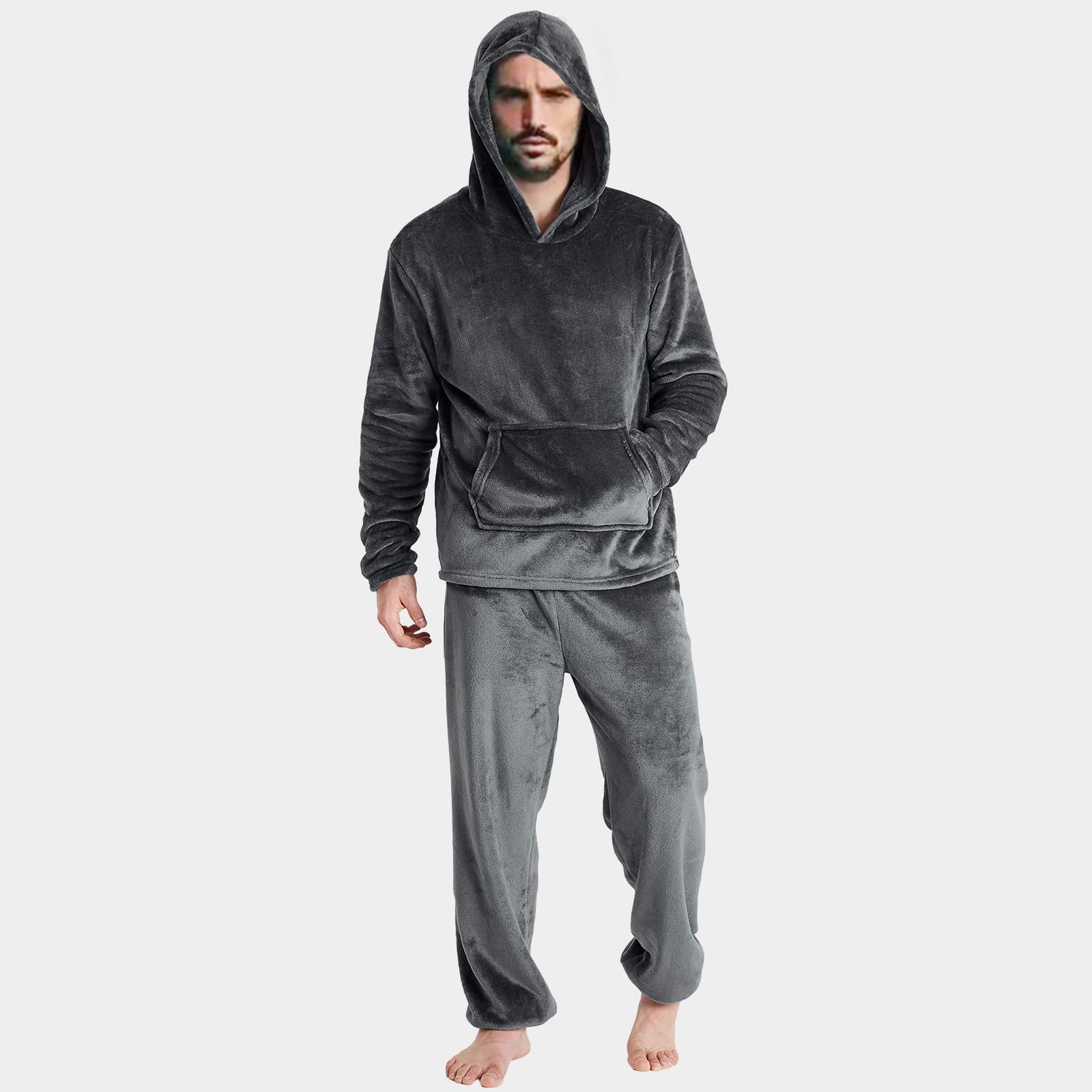 Pigiama lungo da uomo, in flanella, set da 2 pezzi, in pile, con cappuccio e pantaloni da sonno, per la casa, per l'inverno, per ragazzi