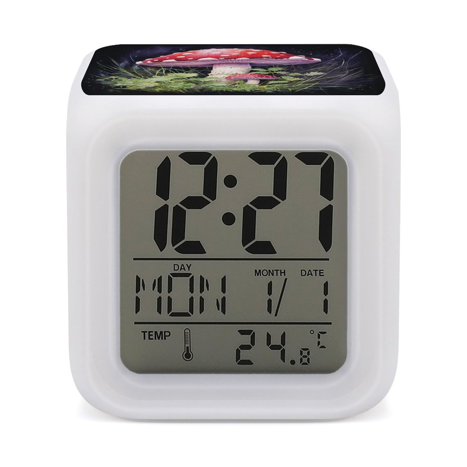 JTREHY 7 Color Changing LED Digital Alarm Clock,Mushrooms in The Grass Printed Wake-up Clock with Temperature Display Home Decoration Alarm Clock for Bedroom Office
