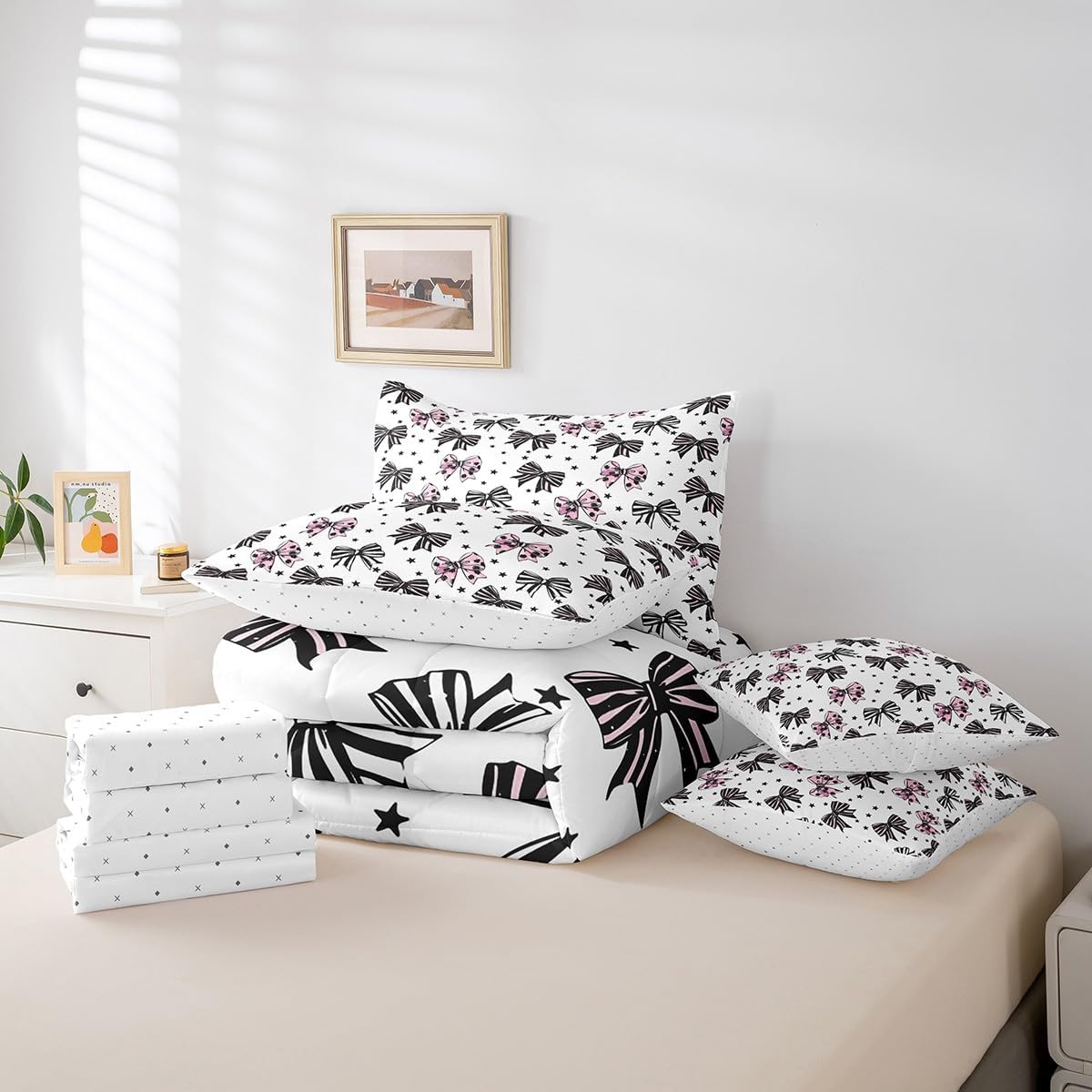 Manfei 7 Pieces Bowknot Comforter Set Queen Size, Black Pink Bow Print Bedding Set for Kids Girls Women Bedroom Decor, Cute Bow Tie Print 7pcs Bed in a Bag with Comforter, Sheets and Pillow Cases