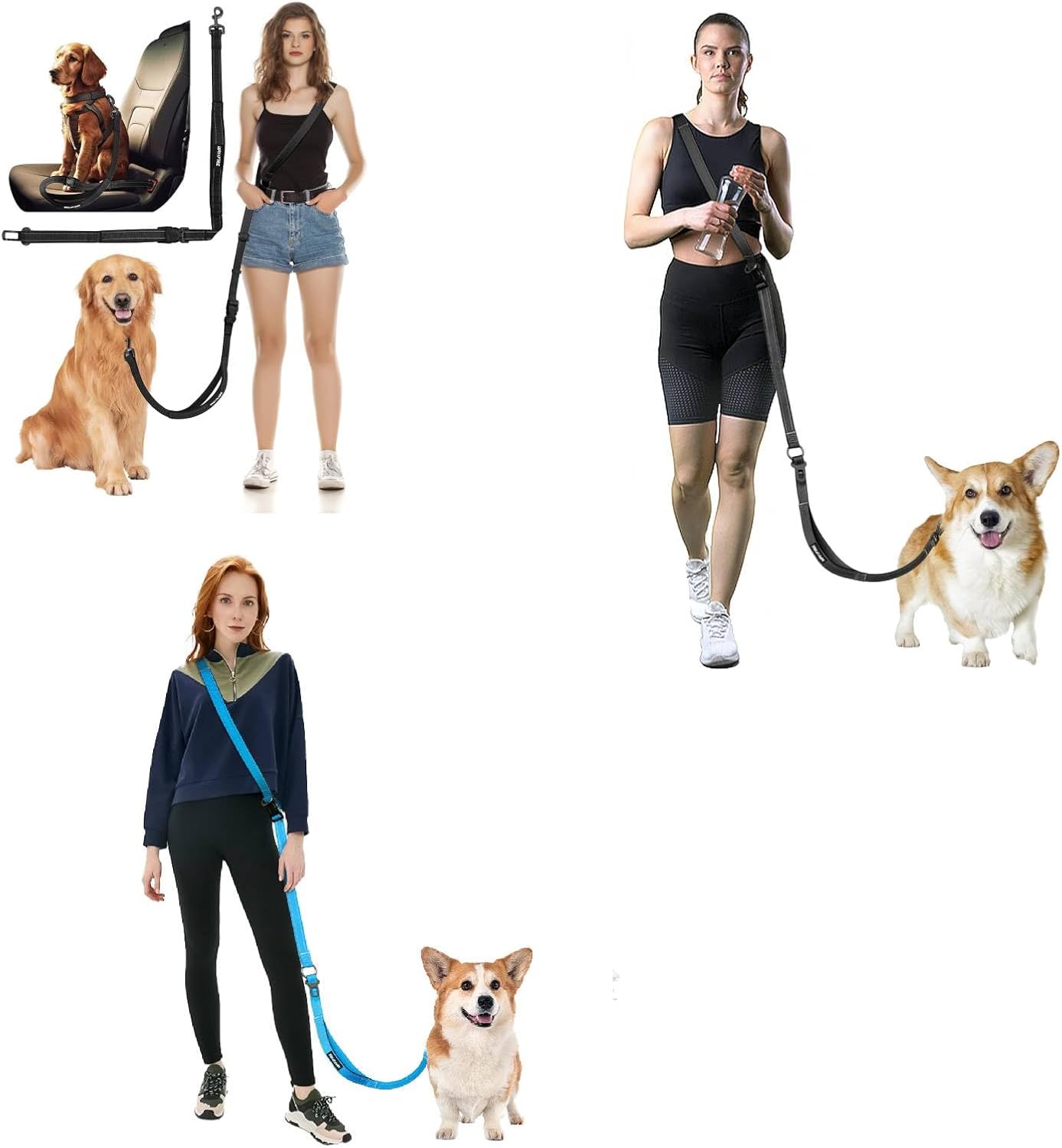 Hands Free Dog Leash with Car Seatbelt, Multifunctional Waist & Crossbody Dog Leash, 6.3-9.2Ft Adjustable 2-in-1 Handheld & Belt Design, Reflective Stitching for Medium & Large Dogs Walking, Running,