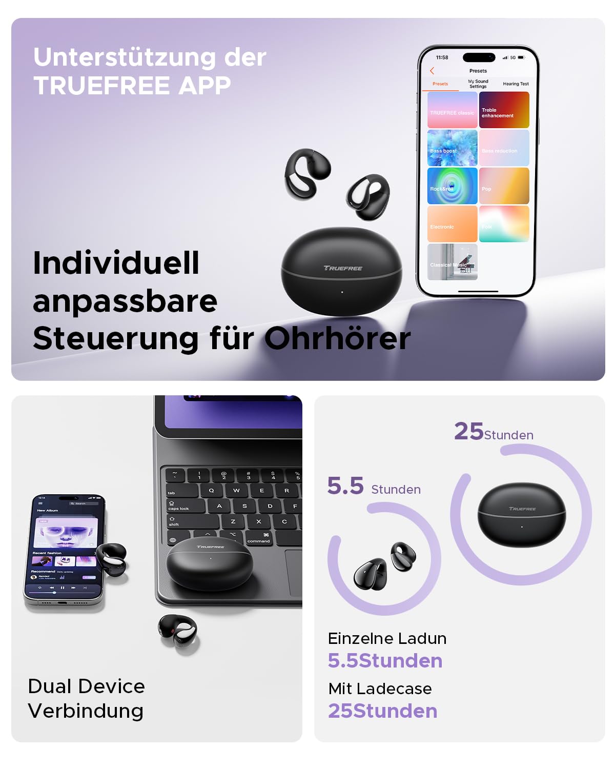 truefree B1 Open Ear Bluetooth Kopfhörer, Clip-On Kopfhörer Sport, Kabellose Bluetooth 5.4, Komfort-Ohrhörer, 3D-Klang, Dynamischer EQ, APP, Leichte Stabiles Nur 5 g, 25 Std Spielzeit