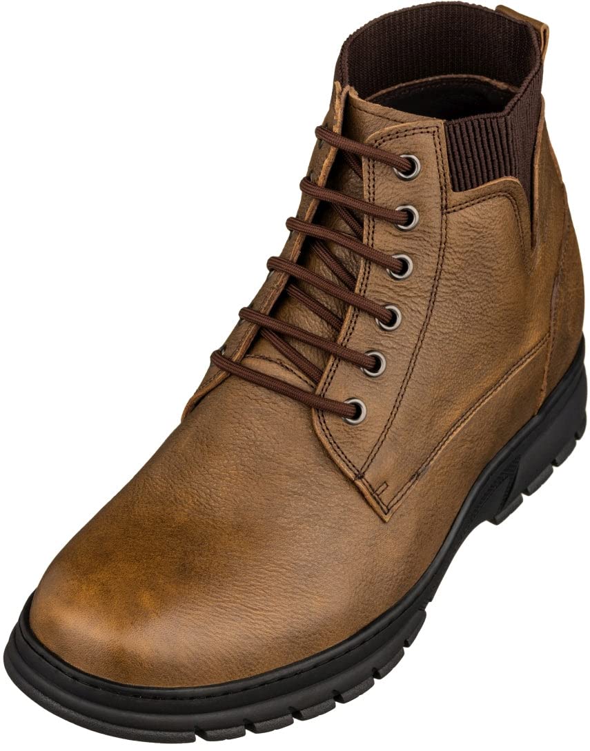 TOTO Men's Invisible Height Increasing Elevator Shoes - Khaki Pebble Grain Leather Lace-up Work Boots - 2.8 Inches Taller - K84017 - Size 11.5 D(M) US