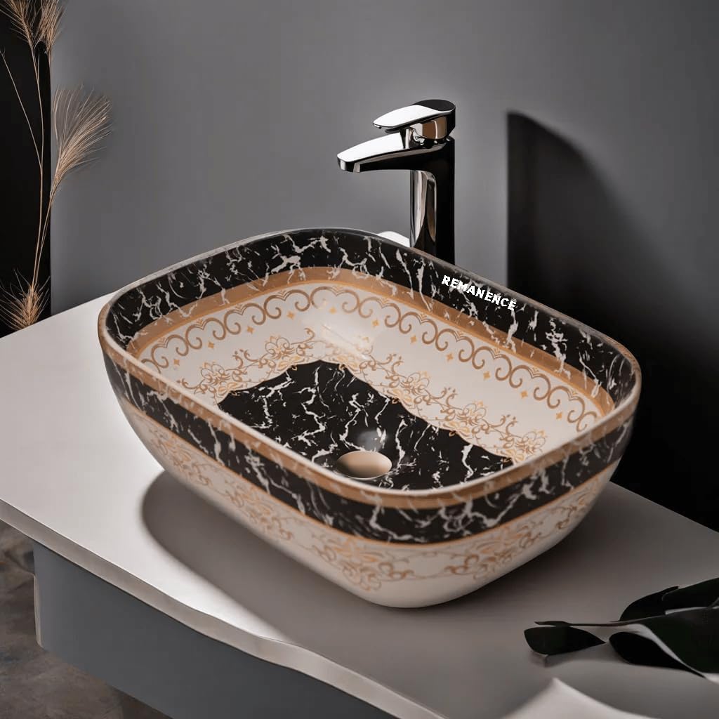 Premium Designer Table Top Ceramic Wash Basin For Bathroom | Over Counter Bathroom Basin | Counter Top Bathroom Sink (18 x 13 x 5.5 Inch) (AD 93 Moreccan White Black Design)
