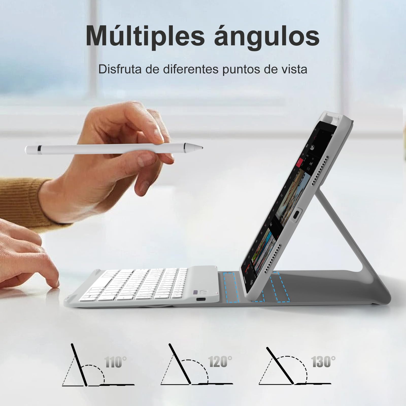drivego Funda con Teclado for iPad A16 11ª Generación 2025/10.ª Gen 2022 (11/10,9 Pulgadas), QWERTY Español Ñ, Teclas Anticaídas, Teclado Bluetooth Magnético Desmontable con portalápices, Gris Claro