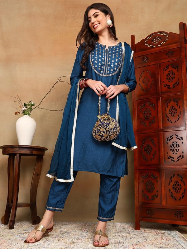 Image of Vaamsi Women's Silk Blend Yoke Design Printed Straight Kurta Pant With Dupatta