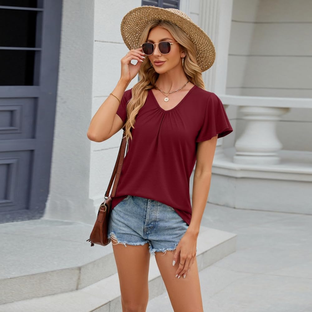 3-częściowy zestaw damski T-shirt z krótkim rękawem z dekoltem w serek modny top trend cienki na co dzień lato liść lotosu rękawy plisowane ubrania, 3 szt. - 5, XXL