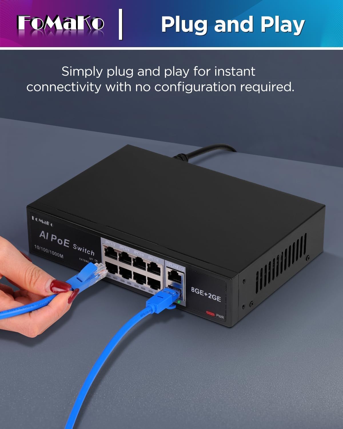 FoMaKo Switch PoE Full Gigabit, 8 Ports PoE+ @120W | Commutateur Ethernet Gigabit PoE 8 Ports | Plug & Play | Mode Extension | Récupération Automatique PoE | Fonctionnement (P1000)
