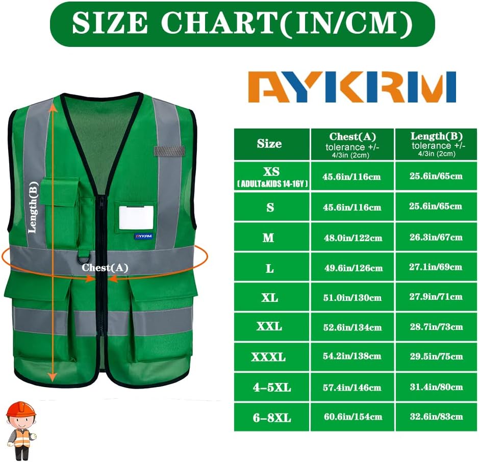 AYKRM 21 Colours Personalised Printable High Visibility Vest Print with Text or Multicoloured Logo and Multiple Pockets, High Visibility Work Vest Safety Vest with Printable XS Green