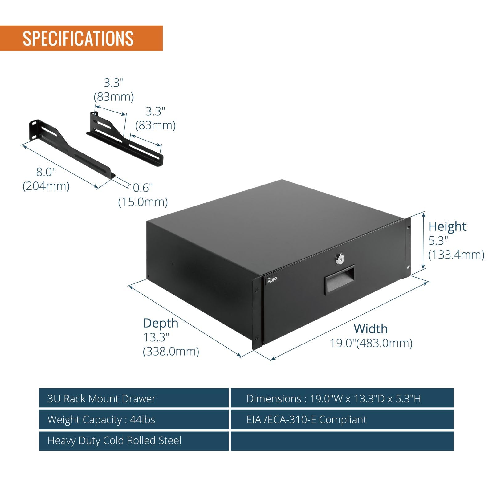 Tecmojo Tiroir rack 3U, montage en rack pour rack ou armoire réseau/serveur/AV de 19", verrouillable avec support arrière – Capacité de charge de 10 kg, avec entrée de câble et trous de gestion, noir