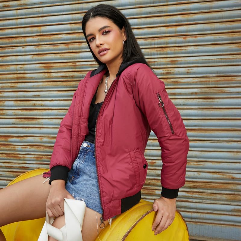 Image of Campus Sutra Women's Fleece-Lined Biker Jacket For Casual Wear | Spread Collar | Long Sleeve | Zipper Closure | Jacket Crafted With Comfort Fit For Everyday Wear