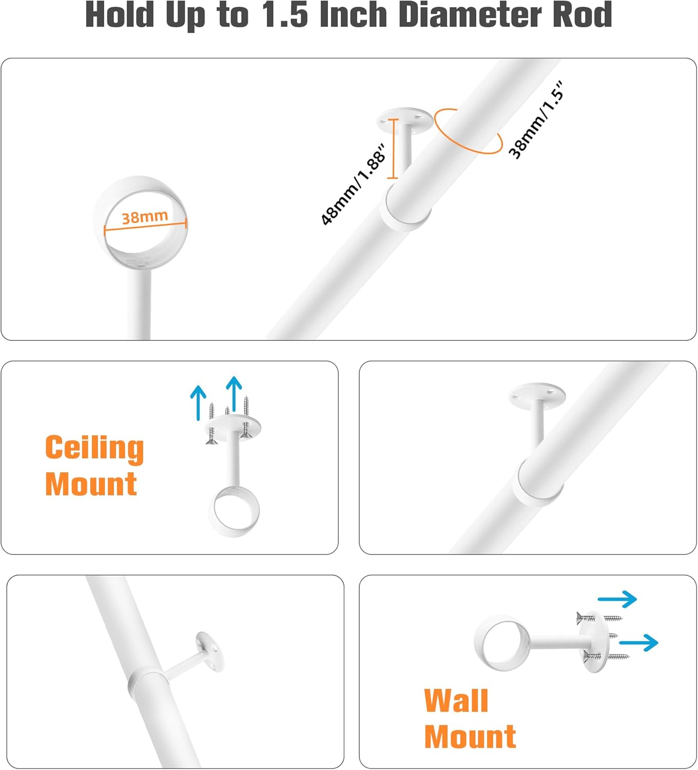 Alise Curtain Rod Holder Bracket 1-1/2Inch Dia,Closet Rod Holders Wall Mounted,Ceiling Mount Curtain Rod Flange Brackets Curved Shower Curtain Rod Holder for Bathroom,Stainless Steel White,4 Pack