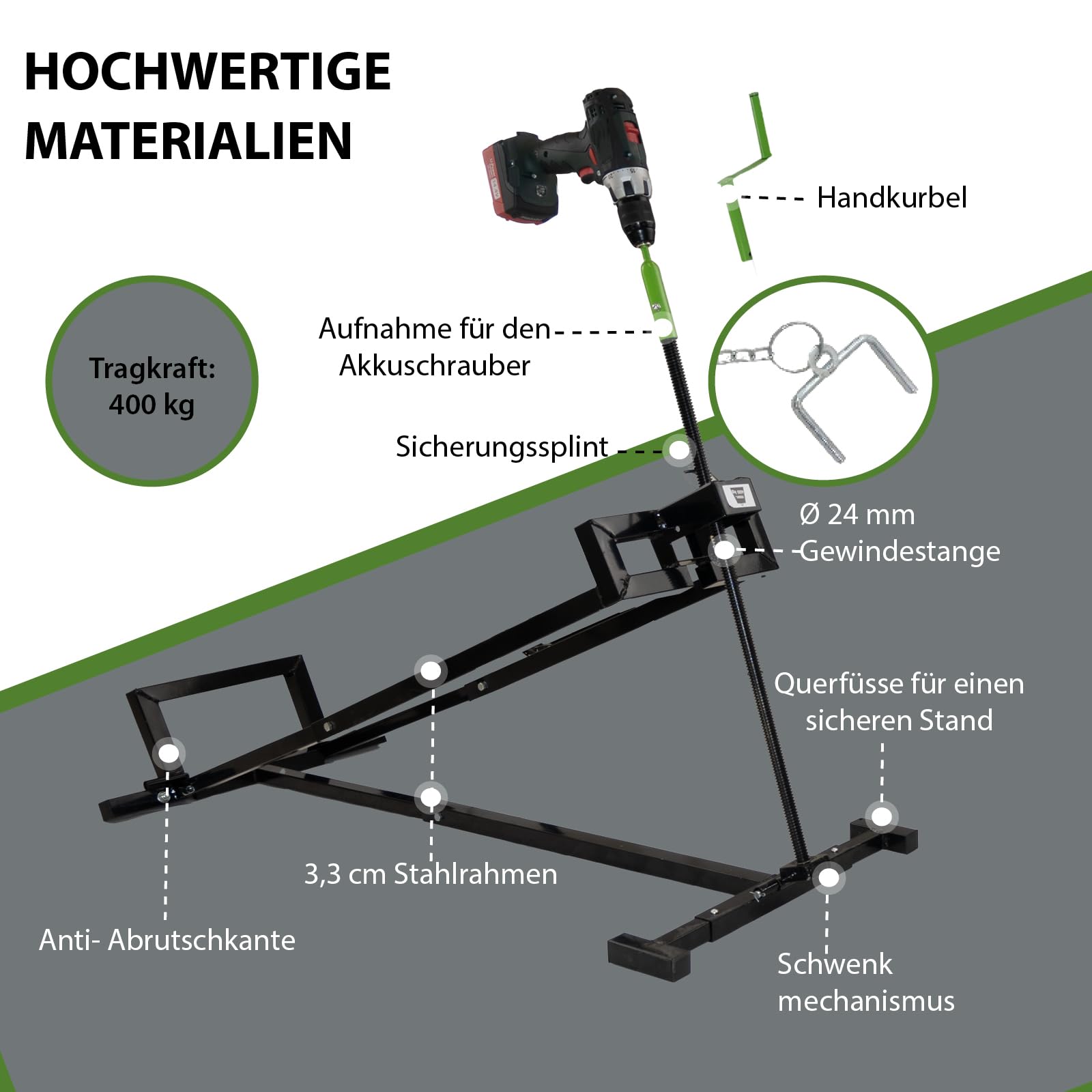 TRUTZHOLM Rasentraktorheber Heber für Rasentraktoren, Aufsitzmäher, 400 kg, Handkurbel und Adapter für Akkuschrauber Betrieb, stufenlos verstellbar, Neigung verstellbar platzsparend verstauen