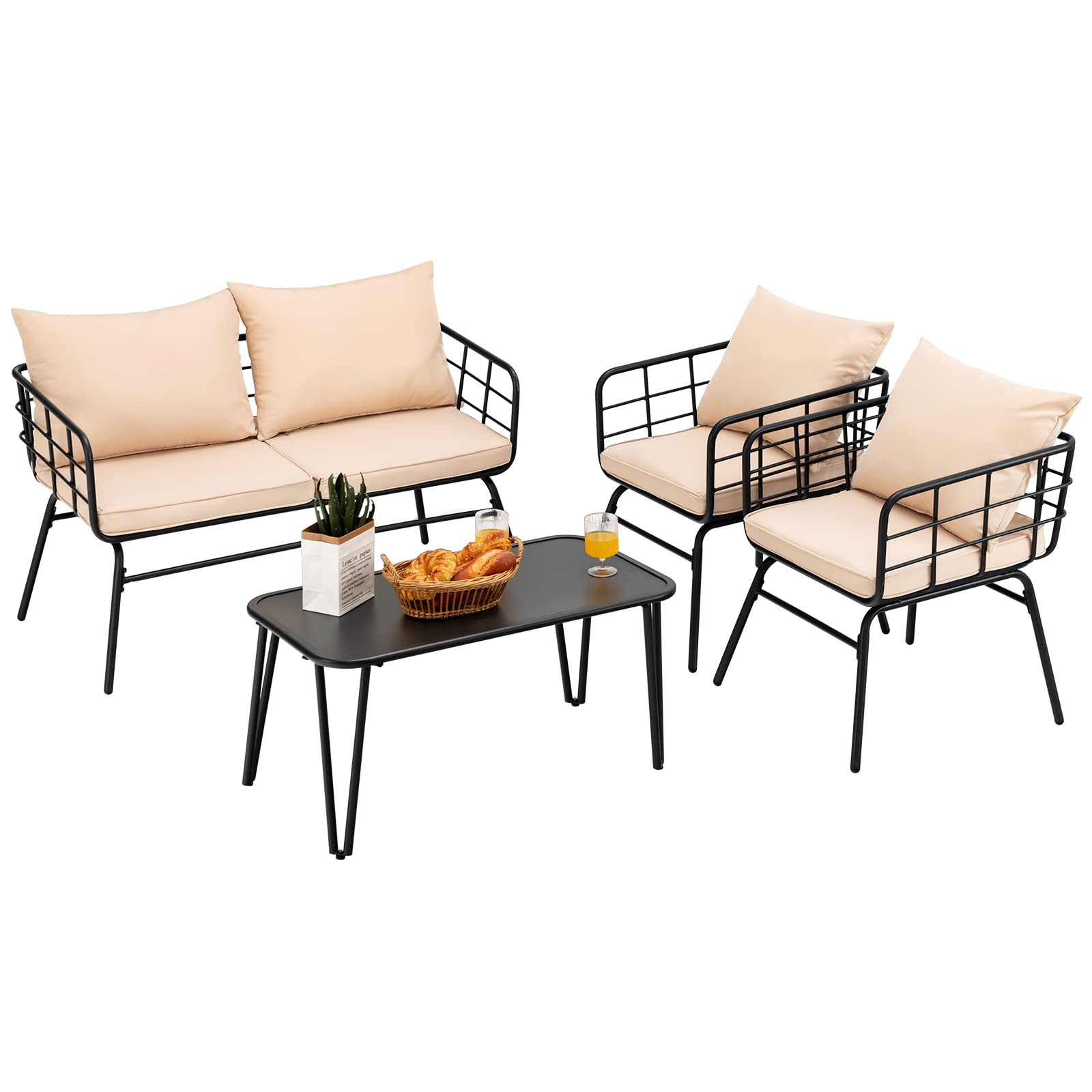 COSTWAY 4 Piece Garden Furniture Set, Patio Conversation Set with 1 Loveseat, 2 Bistro Chairs and 1 Table, Steel Frame Outdoor Table Chairs Sectional Cushioned Sofa Set for Balcony Backyard Poolside