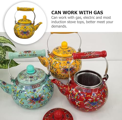 Miniatura 9 de Healeved Hervidor de té esmaltado con mango de cerámica e infusor de 2.2 L, hervidor de agua clásico floral, tetera de acero para estufa de