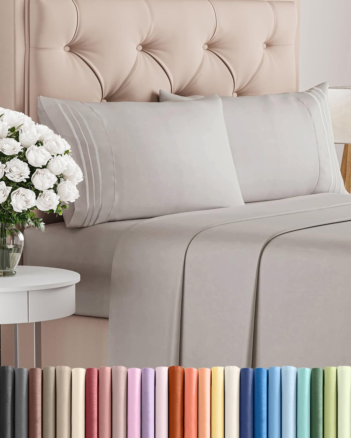 Queen Size 4 Piece Sheet Set - Comfy Breathable & Cooling Bed Sheets Set - Hotel Luxury Bedding for Women, Men, Kids, Teens, Boys & Girls - Deep Pockets, Soft and Wrinkle Free - Oeko-Tex - Light Grey