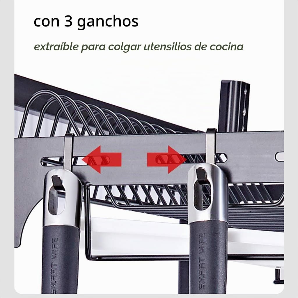 Estanteria Cocina, Escurridor de Platos Colgante para Montaje en Pared, Organizador de Platos, Cuencos y Especias de 2 Niveles, Soporte de Estante de Almacenamiento con Bandeja de Drenaje, 3 Ganchos,
