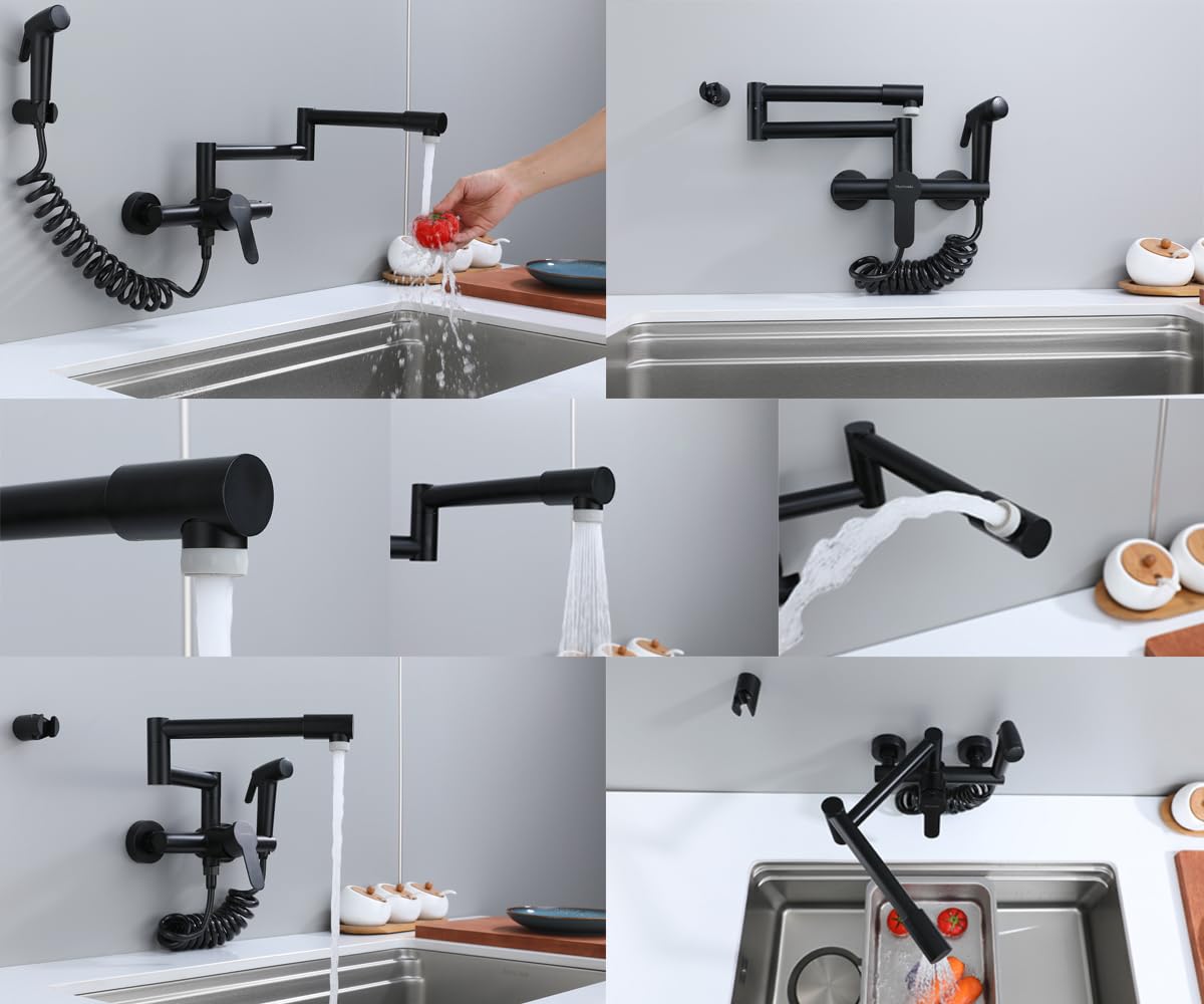 Faltbar Küchenarmatur，Wasserhahn Küche Wandmontage, Spültischarmatur, mit 360° gefaltetem Drehrohr, warm und kalt, multifunktionale Sprühbetriebe, 304 Edelstahl, schwarz