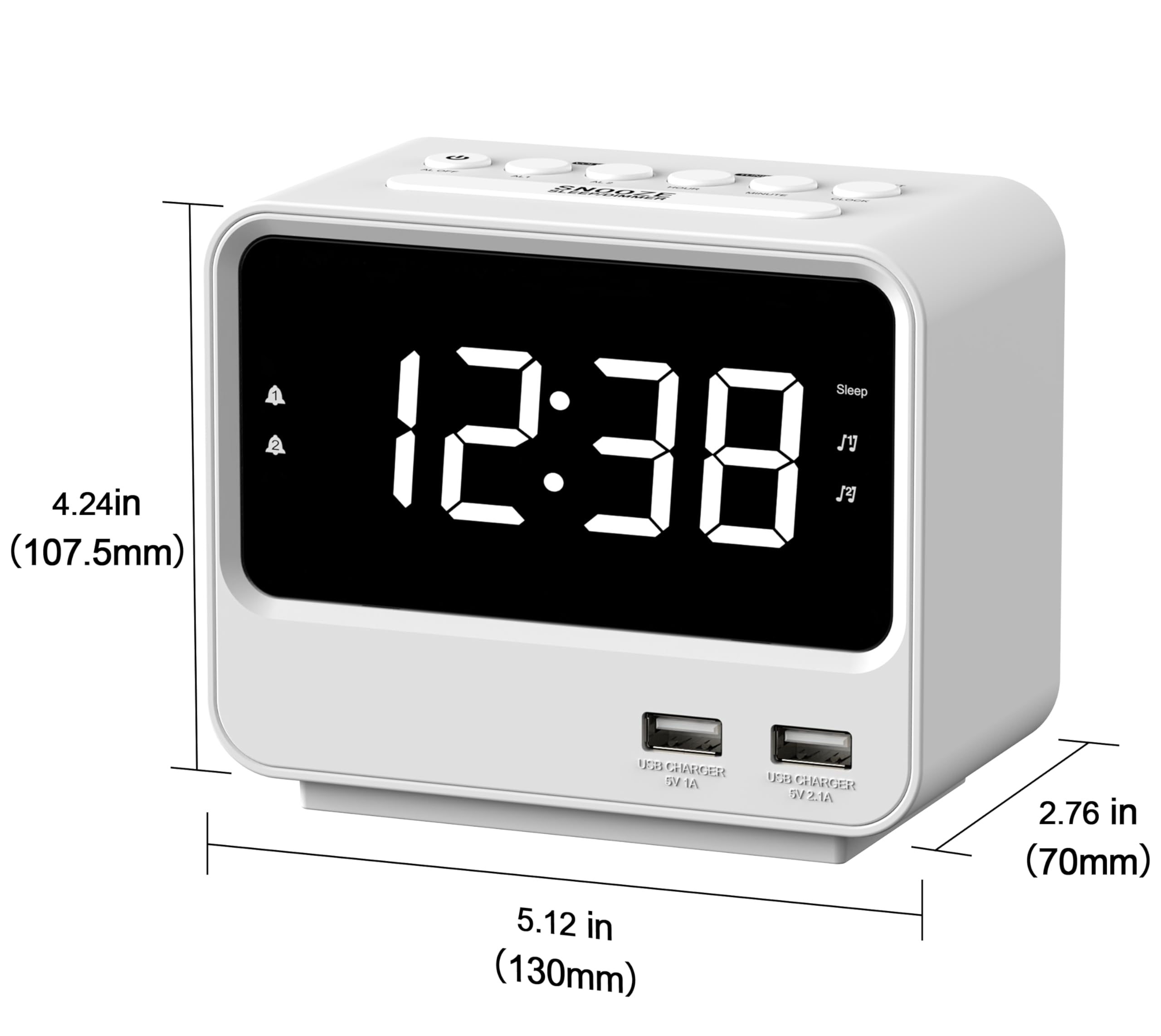 Radio-reloj Despertador para Dormitorios con Dos Puertos de Carga USB, Números Grandes con Brillo Ajustable, Radio FM Digital de Mesilla de Noche con Temporizador de Sueño, Volumen Ajustable, A23W