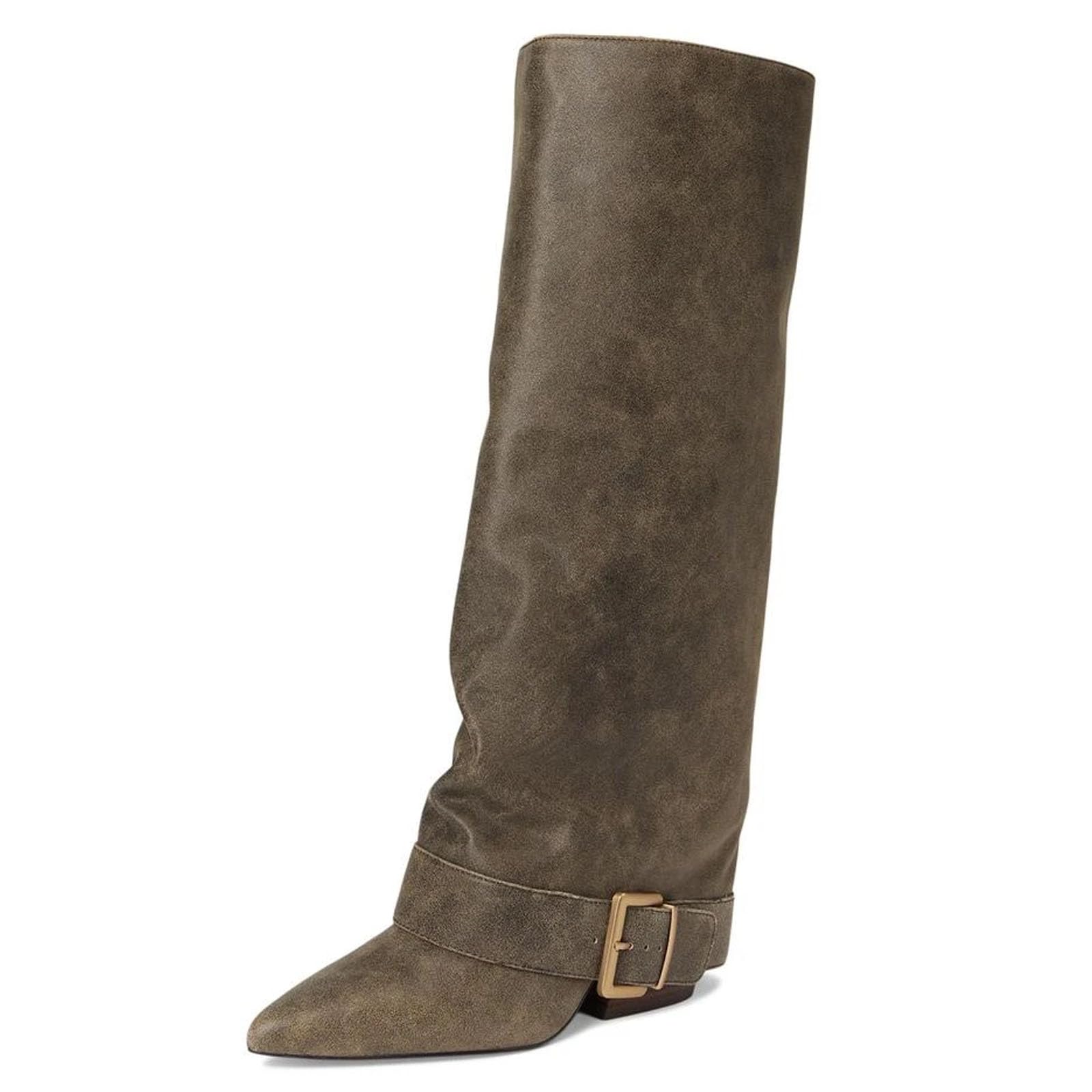 Womens Wide Calf Knee High Boots Chunky Heel Pointed Toe Shark Boots with Buckle Pull On Tall Boot