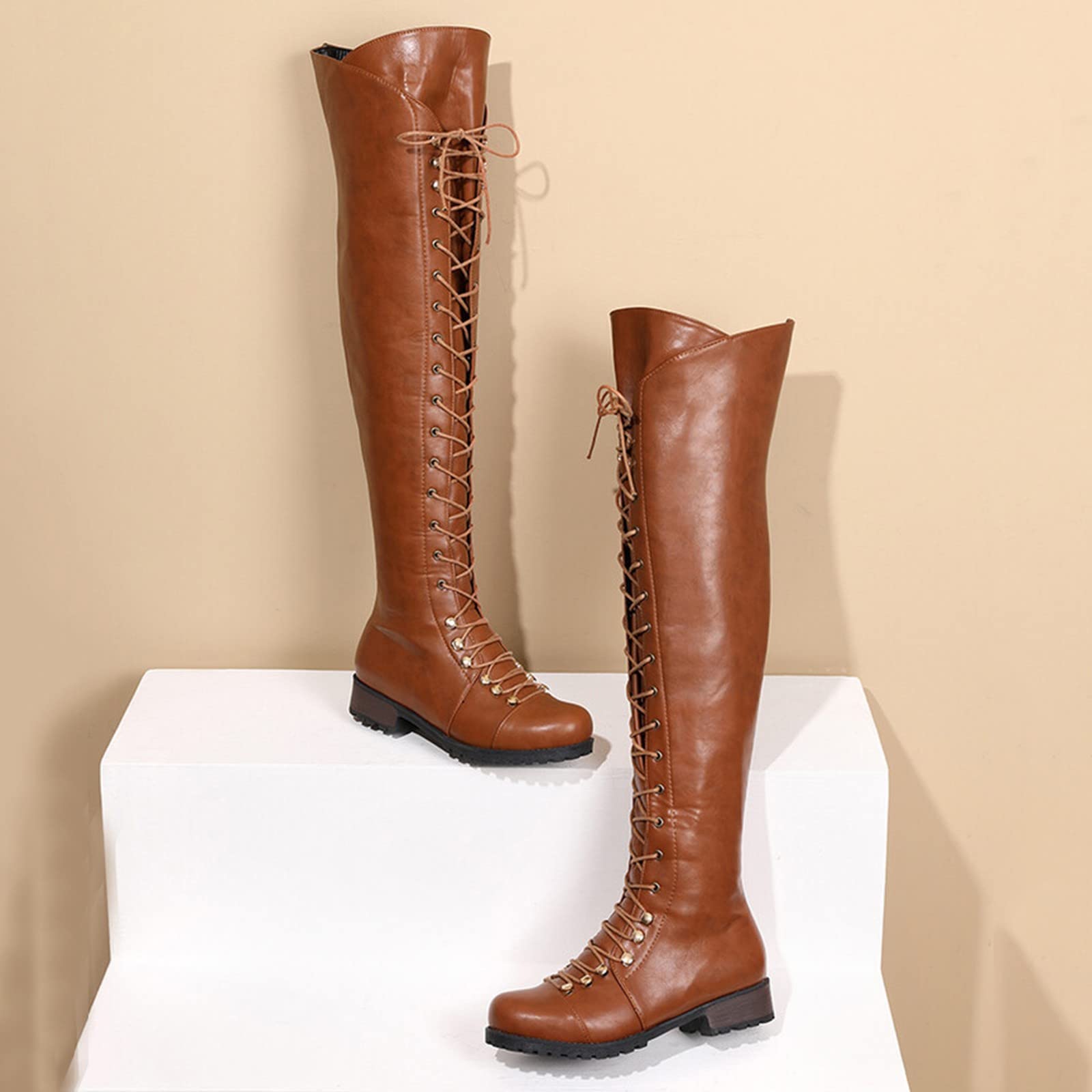 Genérico Bota Antiderapante Mujer Invierno Bota Punta Redonda Botas Tacón Cuadrado Bota Color Sólido Zapato Mollets Anchas Botas Largas De Paseo Botas Botas Botas Con Cordones Mujer Cuero A Tacón