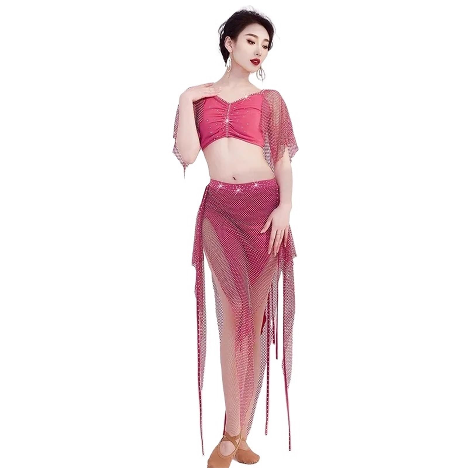 TRRYUIP Belly Dance Skirt Belly Dancing Dance Practice Women Costume Luxury(Rose red,M)