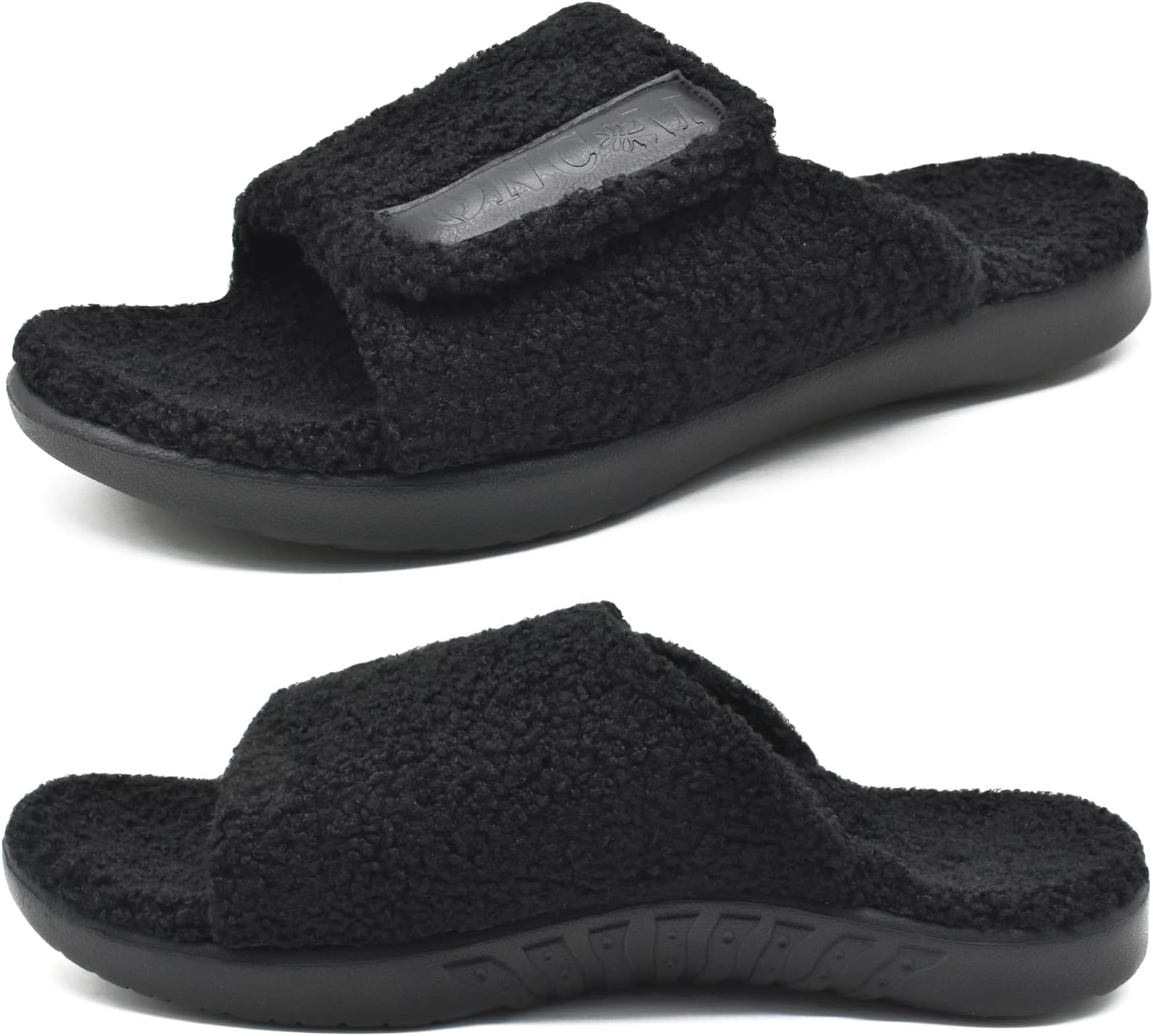 Mens House Slippers with Arch Support，Fur Slides with Orthopedic for Plantar Fasciitis Wide Footbed and Adjustable Straps Size 7.5-15
