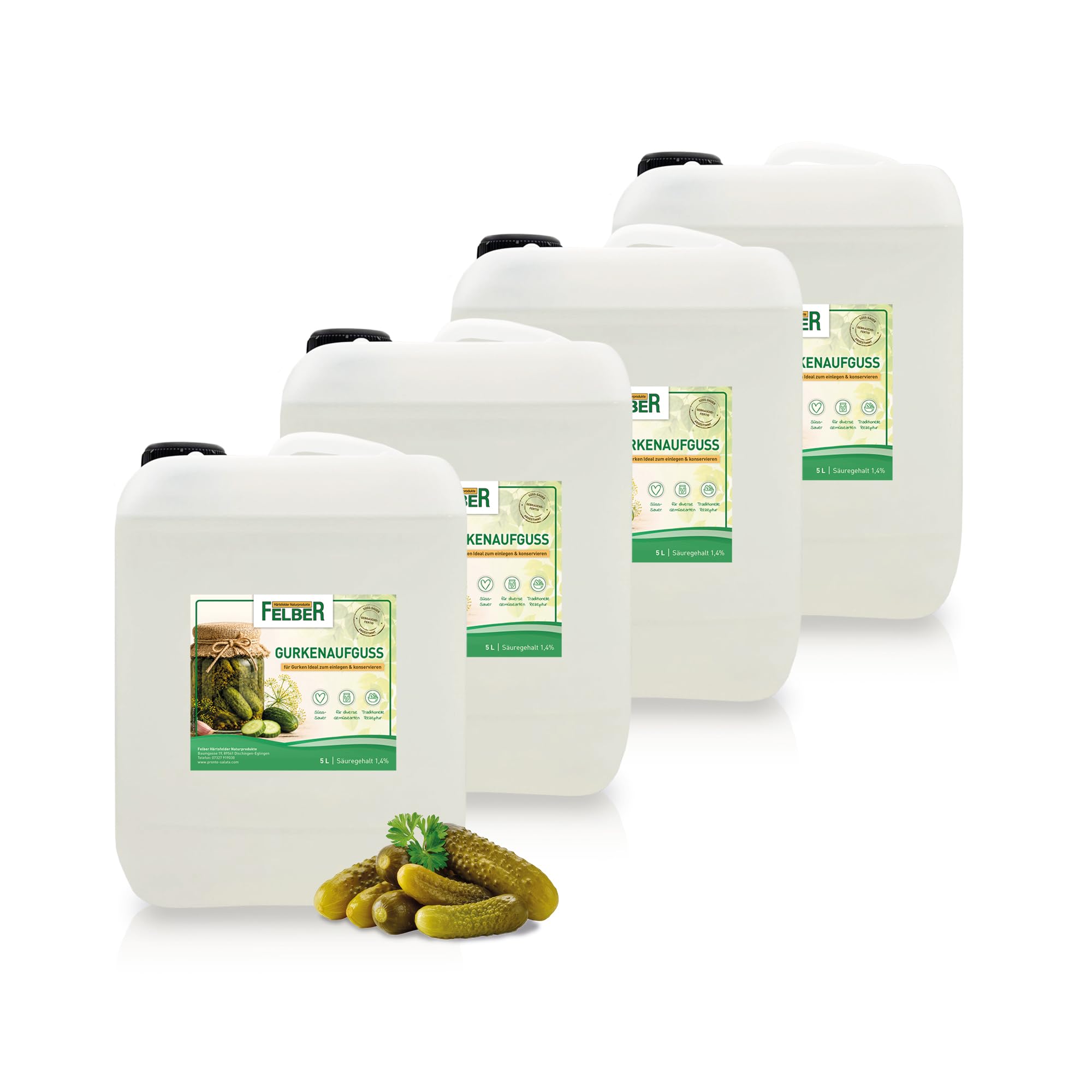 Felber Gurkenaufguss 4x5 Liter – Gebrauchsfertig, Gurkenwasser, Einmachaufguss zum Einmachen, Einlegen, Einwecken von Essiggurken, Gewürzgurken und Gemüse