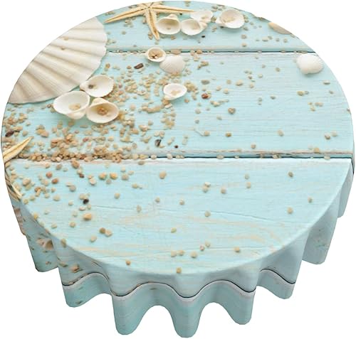Giwawa Mantel redondo de conchas marinas, diseño de estrella de mar sobre tablero de madera azul, diseño de playa costera, 60 pulgadas, para disponible en Yaxa Peru