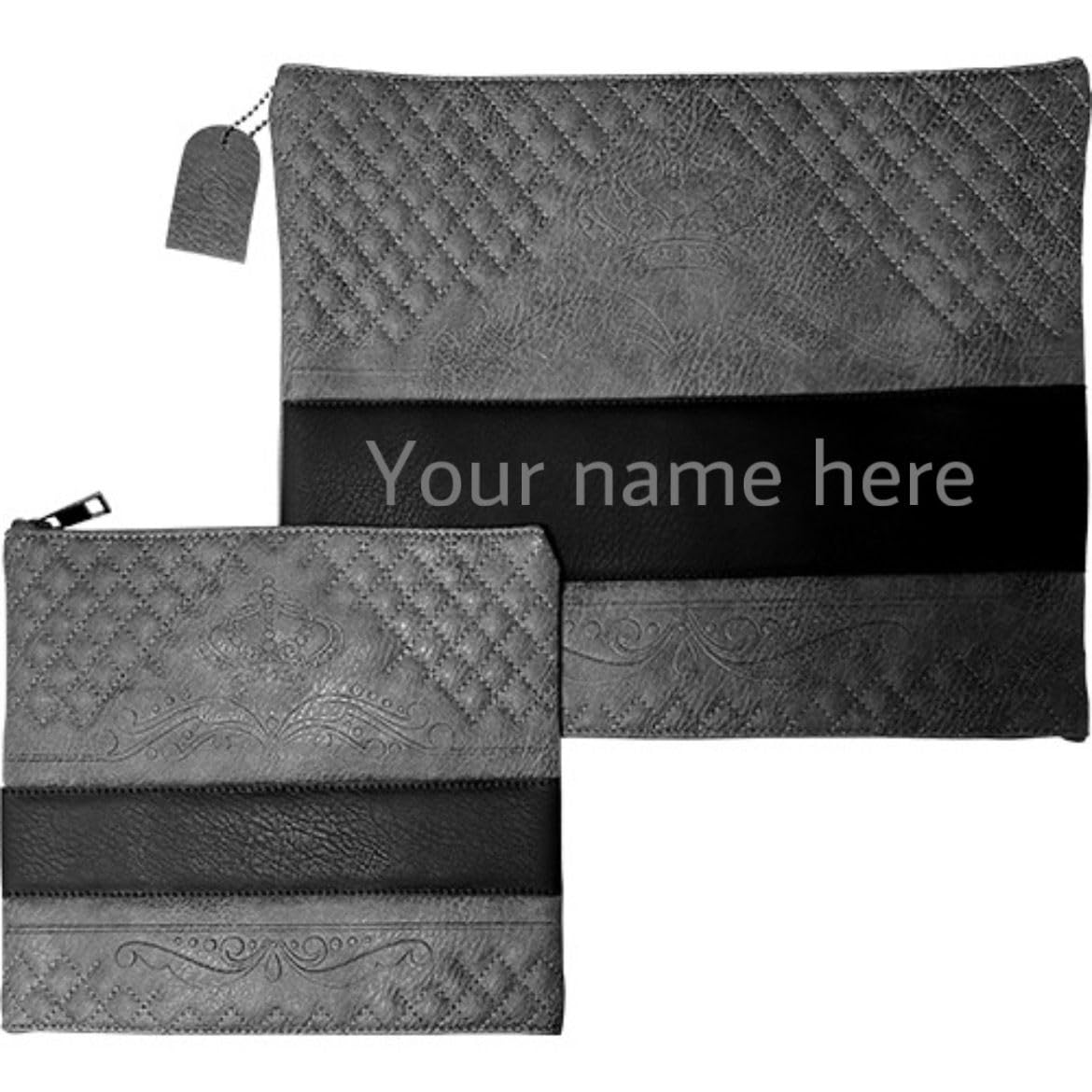 A&S Mezuzot Custom Tallit and Tefillin Bag Set for Prayer Shawl Zippered Leatherette Bags with Plastic Protection Cover (Leatherette, Grey/Black)