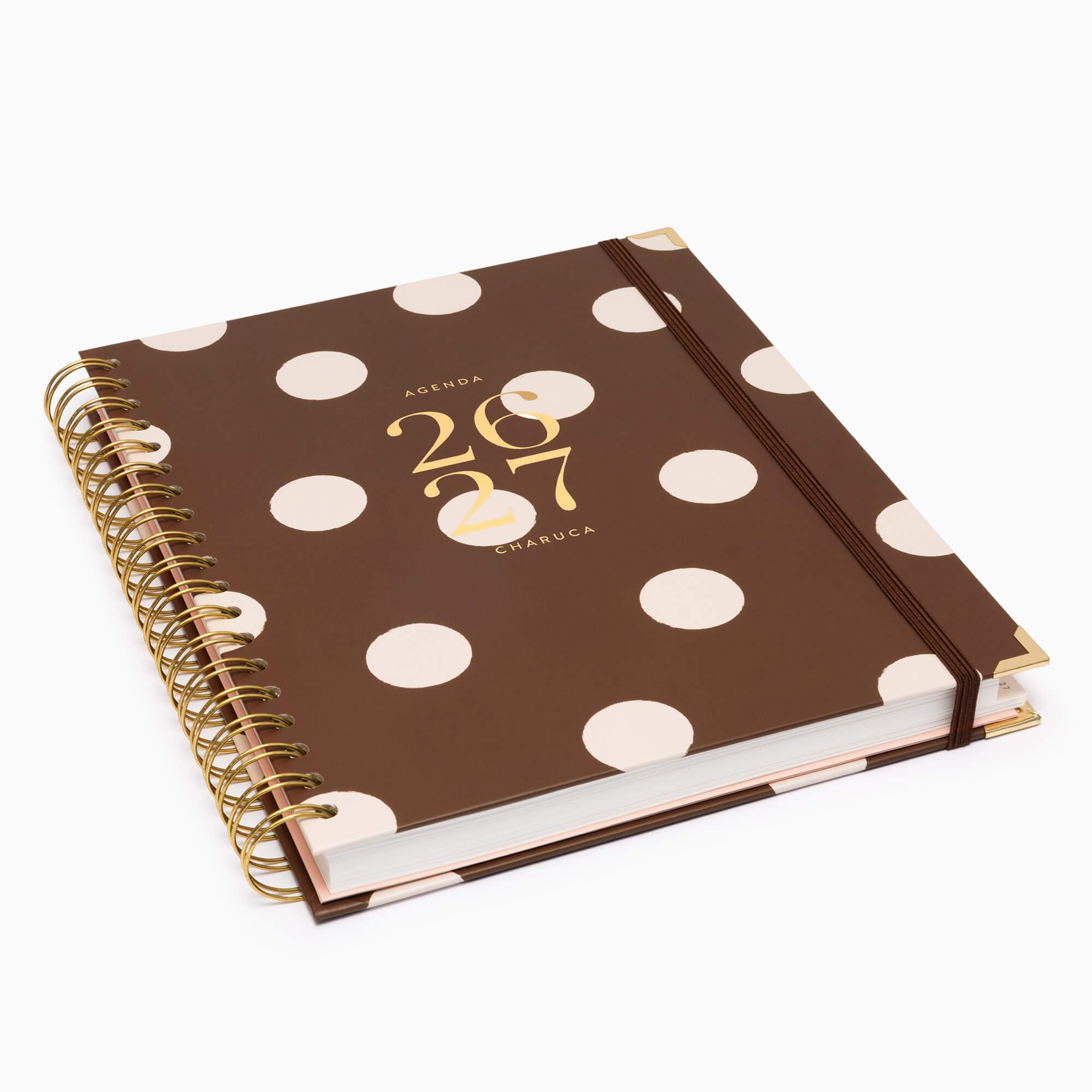 Agenda Charuca 26-27 Académica VISTA SEMANAL - Tapa Dura con Detalles Dorados, Tamaño GRANDE - Incluye BOLSA de Tela PROTECTORA y Marcapáginas - Hecho en España (CHOCOLATE LOVE)