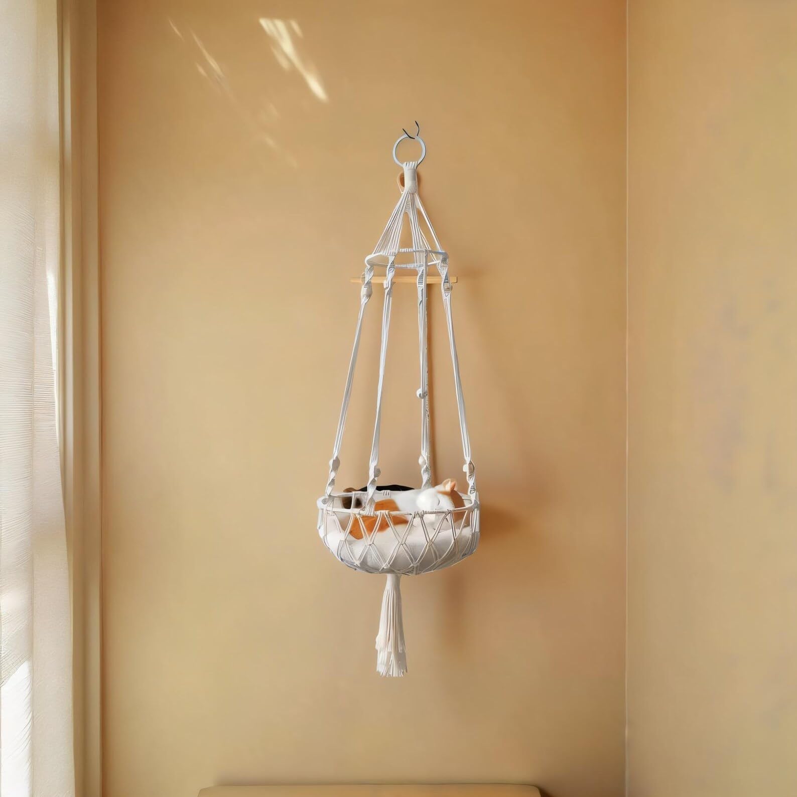 R.R.LALA Premium Handmade Macrame Hanging Cat Hammock, Cotton Rope Pet Swing Bed for Indoor Cats and Small Pets, Decorative Boho Design-image-21