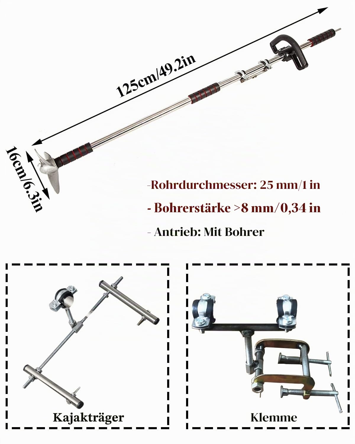 Außenborder Motor Paddle-Board-Trolling-Motor, Bohrpropeller, Handgeführter Kajakmotor für Jon-Boat-Kajak, Leichter Außenbordmotor mit 3 Flügeln(L)